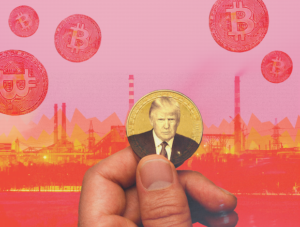 A hand holds a gold coin with Trump's face on it with flames, smokestacks, and Bitcoins in the background.