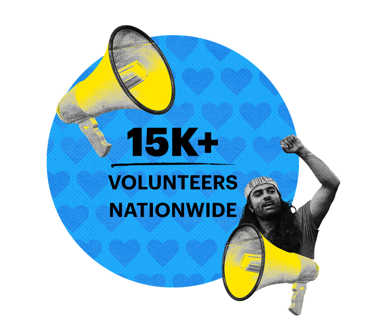 An icon reading "More than 15,000 volunteers nationwide"