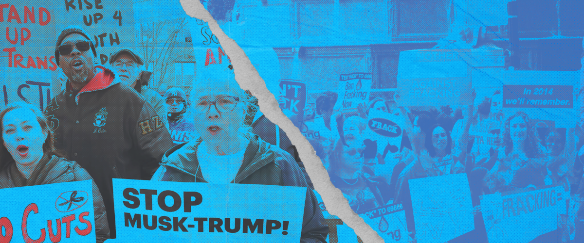 Two photos side-by-side of crowds at protests; on the left, a recent photo with protestors holding signs reading "Stop Trump-Musk" and on the left, an older photo from the 2014 New York Fracking Ban campaign with signs reading "Ban Fracking Now!"