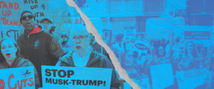 Two photos side-by-side of crowds at protests; on the left, a recent photo with protestors holding signs reading "Stop Trump-Musk" and on the left, an older photo from the 2014 New York Fracking Ban campaign with signs reading "Ban Fracking Now!"