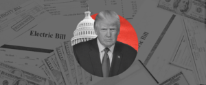 A photo of Trump and the Capitol building surrounding by piles of electric bills and hundred-dollar bills