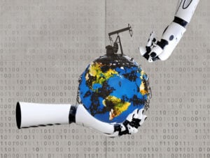 Two metal robot hands hold the Earth, with an oil donkey on top.