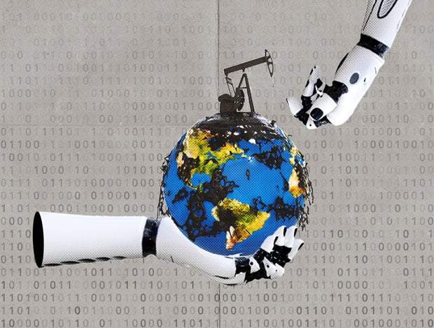 Two metal robot hands hold the Earth, with an oil donkey on top.