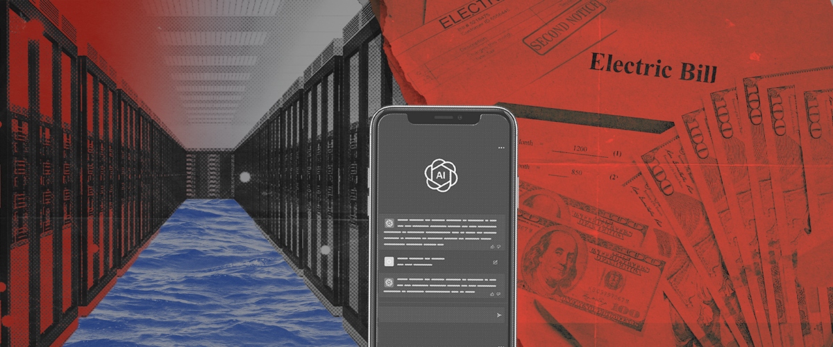 An aisle of shiny black servers with waves of water flooding it; A phone showing a conversation with a chatbot; piles of money next to paper electric bills.