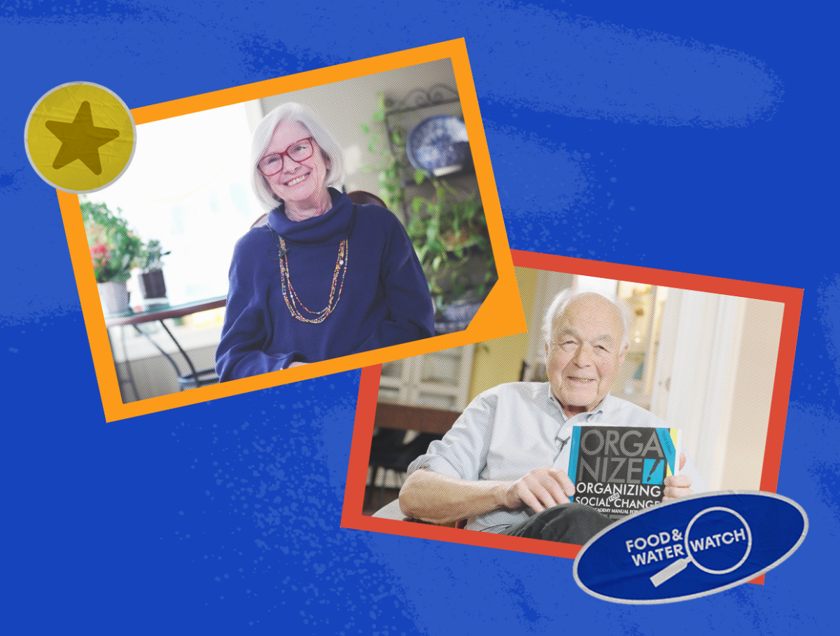 Photo portraits of Jackie Kendall in a blue sweater and glasses and Steve Max, holding a copy of the book "Organizing for Social Change."