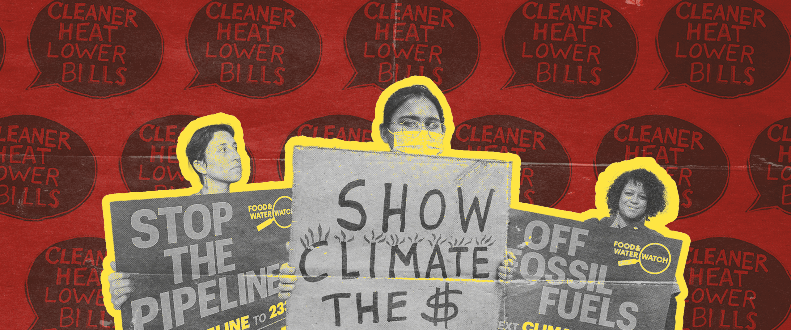 Protestors hold signs that read "stop the pipeline," "show the climate money," and "off fossil fuels"