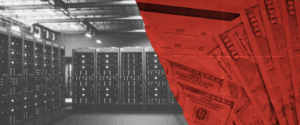 On the left, a photo of racks of servers, tall black metal towers with blinking lights lined up in a long row, in a data center. On the right, a photo of a pile of 100 dollar bills.