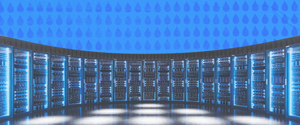 Racks of servers, tall black metal towers with blinking lights lined up in a long row, in a data center with a pattern of water droplets behind it.