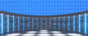 Racks of servers, tall black metal towers with blinking lights lined up in a long row, in a data center with a pattern of water droplets behind it.