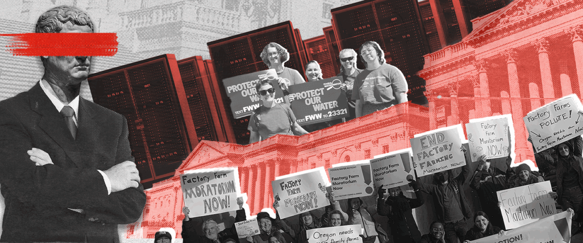 A collage of protestors holding signs that say "factory farm moratorium now!" and "Protect our water!" around data centers and a courthouse.