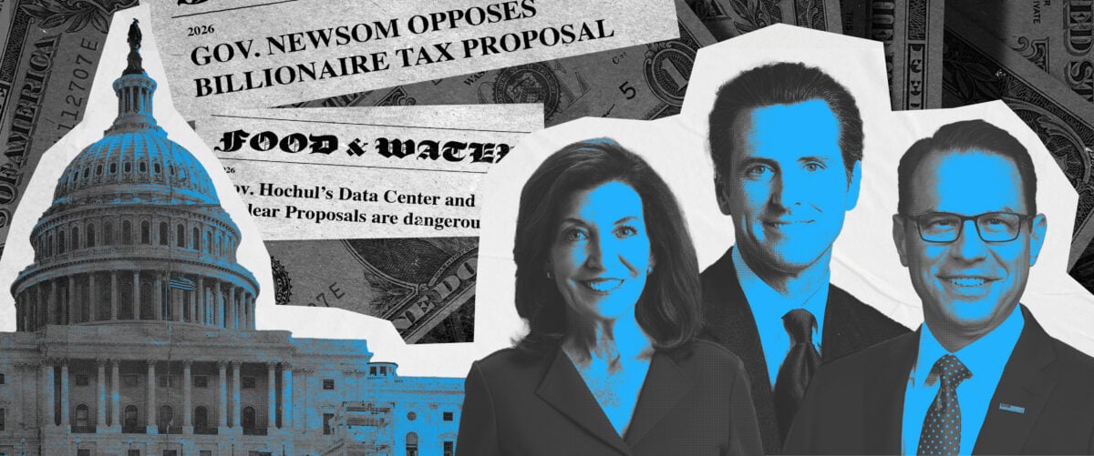 Photos of Governors Hochul, Newsom, and Shapiro beside a government building.