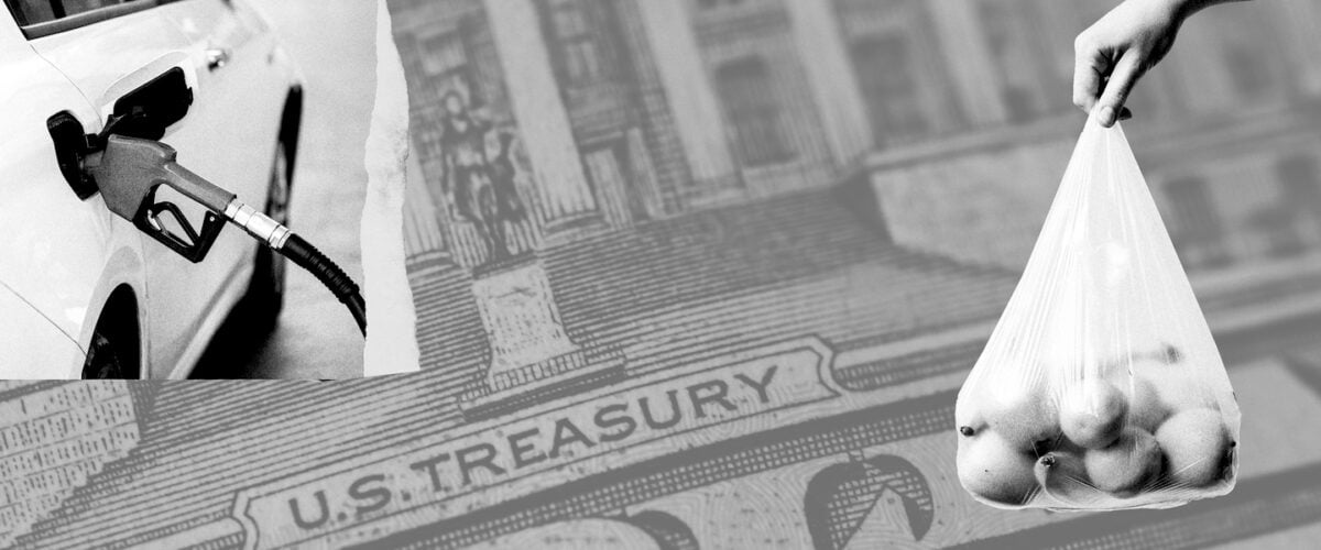 A bag of oranges, a gas pump at a car, and an illustration of the U.S. Treasury
