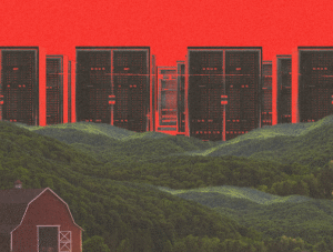 Computer servers loom over green rolling hills and a red barn