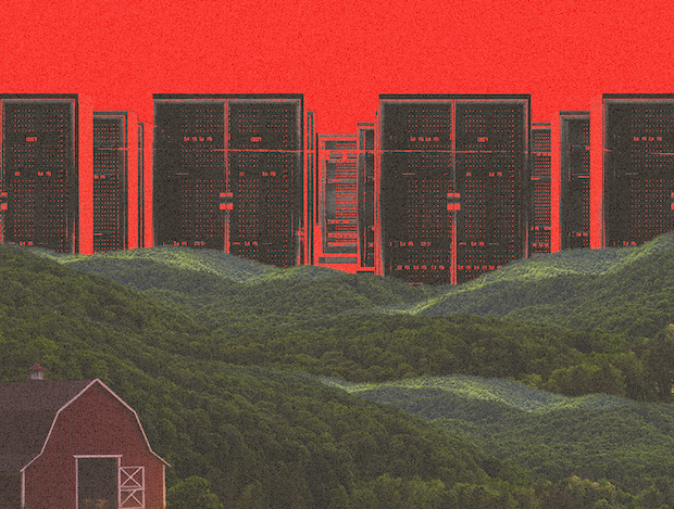 Computer servers loom over green rolling hills and a red barn