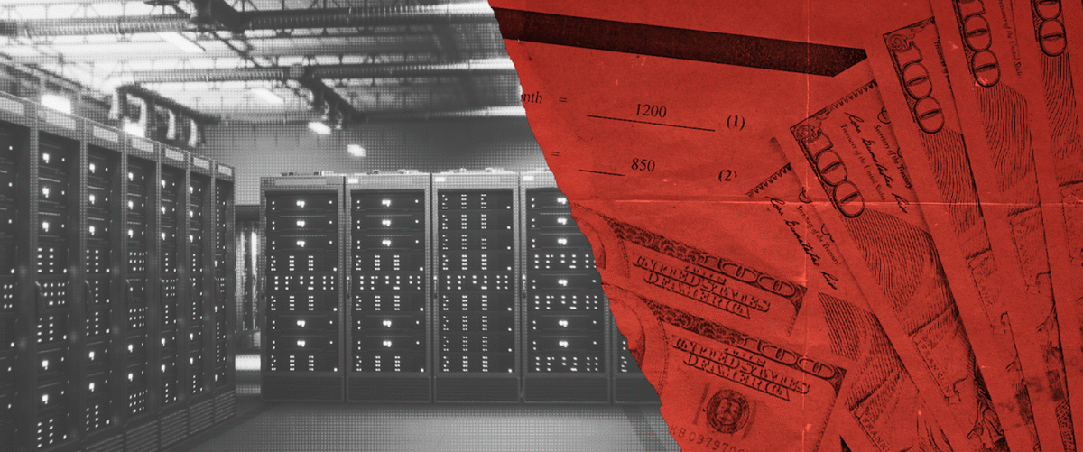 A blackand white background image of data servers is offset with a red-toned image of money. This alludes to the risks of giving tax breaks to data centers.