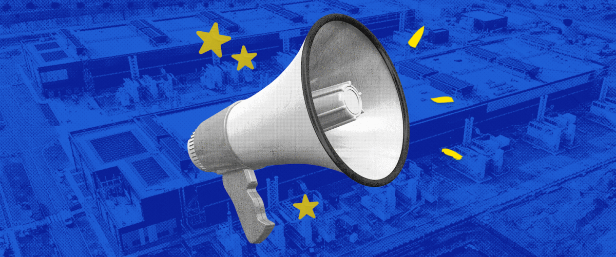 a bullhorn with a data center in the background